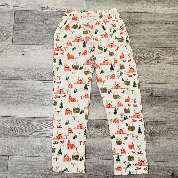 Burt's Bees Baby Adult Pajama Pants M Holiday Winter Village Organic Cotton - Picture 1 of 5
